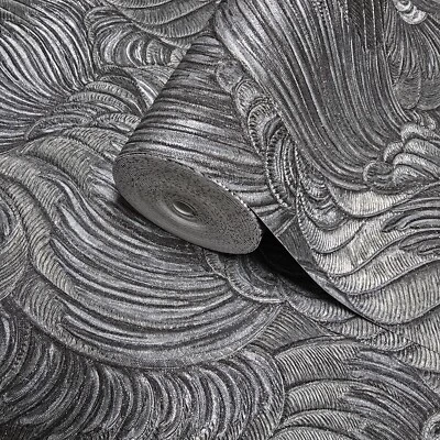 Embossed feather-like motif Layered leaf dark gray gold heavy textured wallpaper - Image 1 of 4