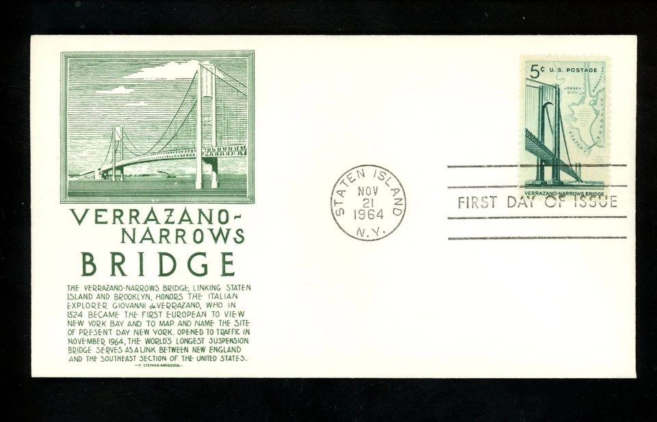 US FDC #1258 Anderson M-1 1964 Staten Island NY Verrazno - Narrows Bridge - Image 1 of 2