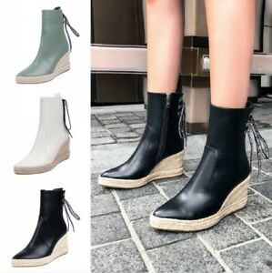 Women Back Tie Up Wedge Heel Platform Pointy Toe Knight Ankle Boots Casual Shoes