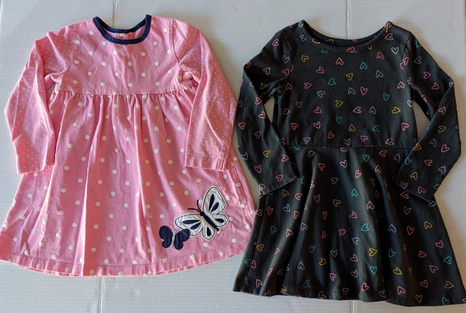 2 Pc Girl's 4T L/S Gray Dress with Hearts and Pink White Dress with Butterflies - Image 1 of 4