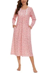 Long Sleeve Nightgowns for Women Cotton Night Gwons Lace Sleepwear with Pocke... - Picture 1 of 5