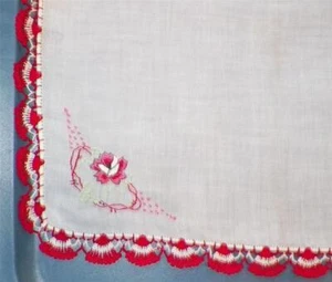 White Linen Hankie with Embroidered Flower Red & White Crocheted Edge Vintage - Picture 1 of 2