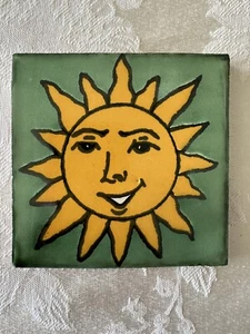 Mexican Red Clay Tile Folk Art Sun Handmade Talavera Backsplash Hand painted 4" - Picture 1 of 7