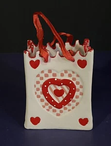 Mini Ceramic Valentine Heart Bag with Red Ribbon Handles Love February 14 - Picture 1 of 5