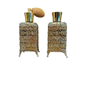 Vintage Perfume Bottle Dresser Set MCM 2 Pc Ormolu Gold Filigree Encased Glass - Picture 1 of 7