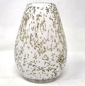 Impresionante jarrón de vidrio artístico de colección paredes gruesas blanco con manchas de color dorado 9" - Imagen 1 de 6