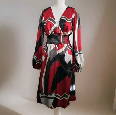 Bisou Bisou Dress 14 Fit & Flare Geometric Abstract Red Black White Retro Look - Image 1 of 4
