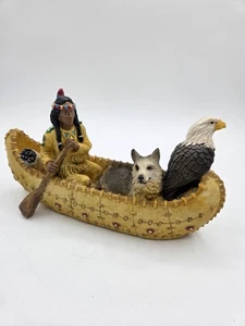 "Indio nativo americano vintage de 10"" en canoa con escultura de resina de lobo y águila calva" - Imagen 1 de 3