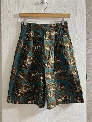 Pantalones Cortos Culottes Vintage Azul Marrón Granja Caballo Cintura Alta Plisados Años 90 Mujeres XS/S Foto 1 de 4