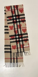 Burberry Mini Scarf 100%Cashmere, Beige Red Heart Check Pattern Made In Scotland - Bild 1 von 6