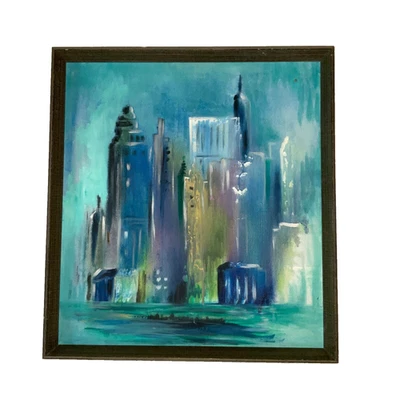 Vintage abstract original PAINTING cityscape blue mid century modern - Image 1 of 4