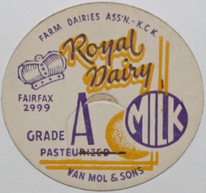 Vintage milk bottle cap ROYAL DAIRY Van Mol and Sons Farm Dairies Kansas City KS - Picture 1 of 2