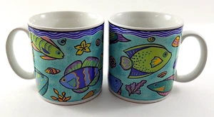 2) Sakura Caribbean Wave Coffee Mugs Vtg 1996 Stoneware Sue Zipkin Reef Fish - Picture 1 of 7
