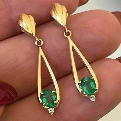2Ct Oval Simulated Emerald Drop/Dangle Beautiful Earrings 14K Yellow Gold Over - Image 1 of 4