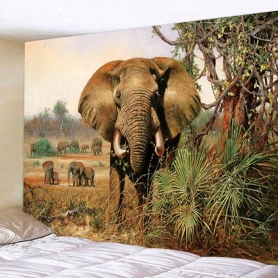 Tropical Elephant Tapestry Wall Hanging Large Fabric African Wildlife Room Decor - Image 1 of 4