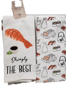 SET DI 2 DIVERSI ASCIUGAMANI DA CUCINA JUMBO (18x28") SUSHI, SHRIMPLY THE BEST, HW - Foto 1 di 16