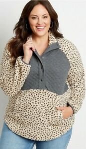 New 4X Large Plus Size Leopard Quilted Snap Front Sherpa Pullover Sweatshirt