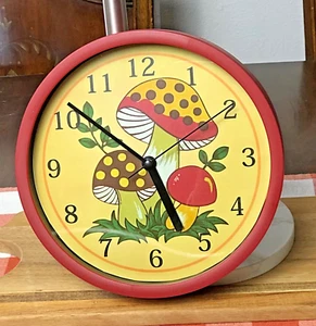 Merry Mushroom Theme Wall Clock 8.5" Battery Operated Red Retro Glass Face - Picture 1 of 3