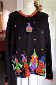 Tiara Halloween Cardigan Sweater Sz Lg Bead Embroidered Witch Ghost Pumpkin Zip - Picture 1 of 12