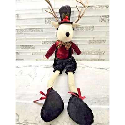 24" Christmas Shelf Sitter Reindeer Plush Red Velvet Vest Antlers Top Hat Bow - Image 1 of 4