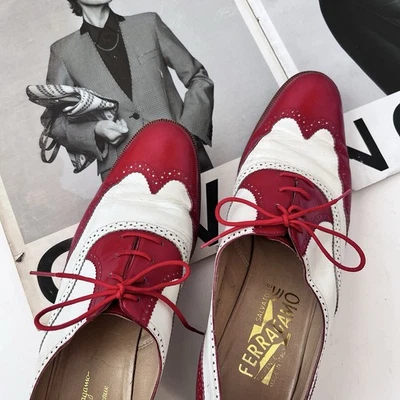 Women’s Vintage Salvatore Ferragamo Two-tone Brogue Oxford Shoes Size 8 AA - Image 1 of 4