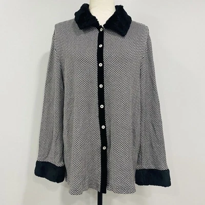 NEIMAN MARCUS VTG XL Faux Fur Trim Button Up Shirt Shacket Houndstooth Retro USA - Image 1 of 4