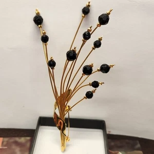 #2413, GRAN BROCHE RAMO 5" pulgadas años 60 DE COLECCIÓN, BOLAS DE CUENTAS NEGRAS, chapado en oro - Imagen 1 de 7