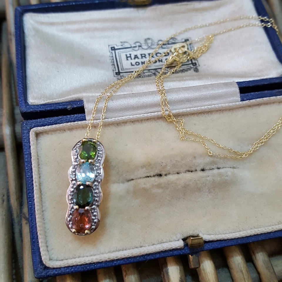 Collar de plata de ley 925, chapado en oro, piedras preciosas de turmalina multicolor  Foto 1 de 4