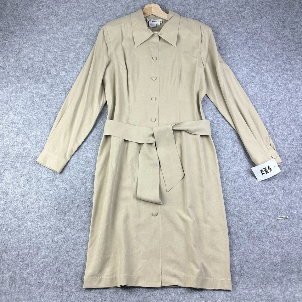 Vestido de seda Orvis vintage para mujer 10 bronceado con cinturón botón manga larga stock muerto NUEVO* Foto 1 de 4