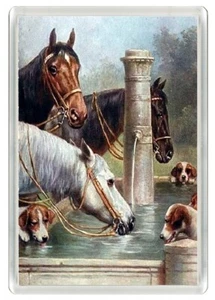 HORSE FOXHOUNDS & HORSES AT WATER TROUGH NOVELTY FRIDGE MAGNET GREAT GIFT - Foto 1 di 1