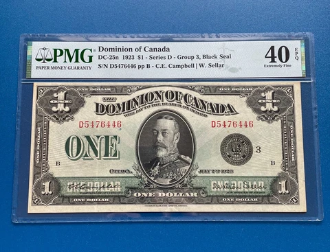 DOMINION OF CANADA 1923 $1 Black Seal PMG Graded Extremely Fine 40 EPG Cover