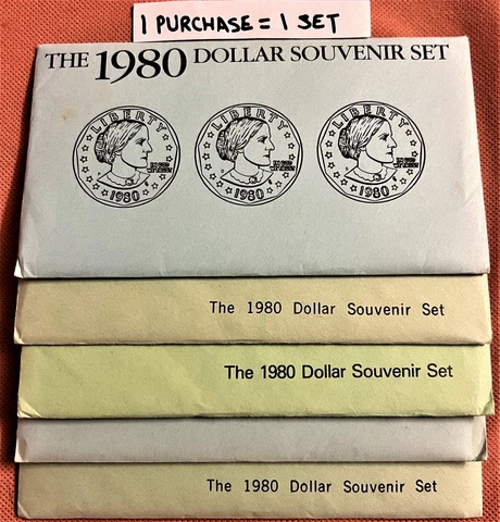 THE 1980 DOLLAR SOUVENIR SET, 3 SUSAN B ANTHONY UNCIRCULATED COINS  P, D, S OGP Cover