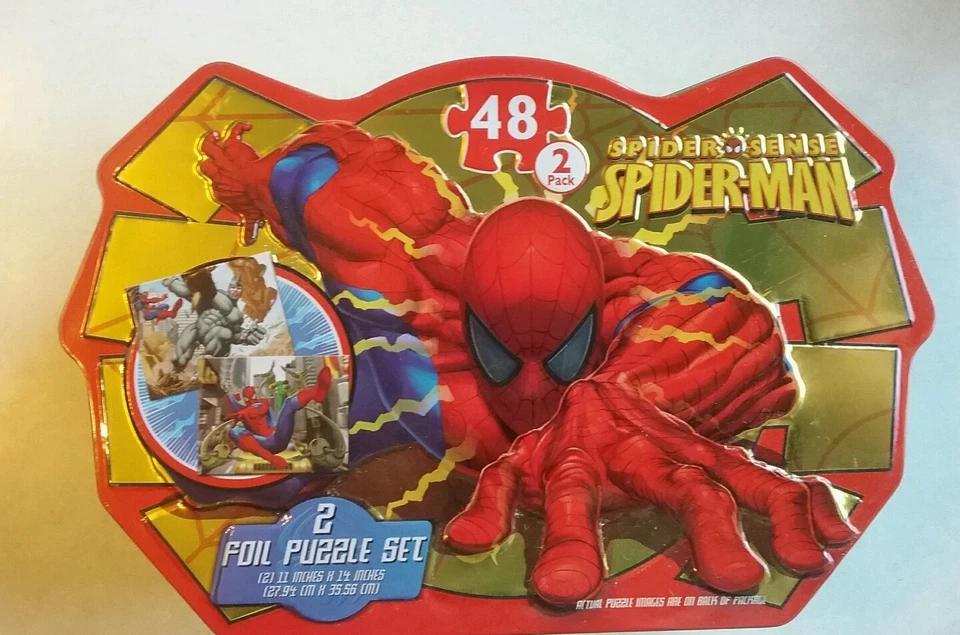 2 rompecabezas de aluminio Marvel Spider-Man 48 piezas en estuche de hojalata ~ 11" X 14" Foto 1 de 3