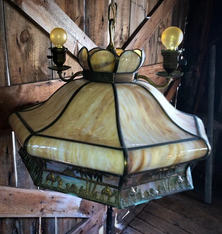 Antique Rare and Massive circa 1920 Scenic Egyptian Slag Glass Hanging Lght Cover