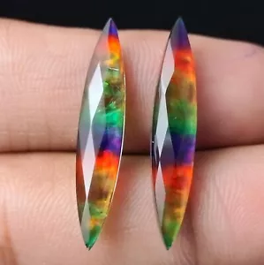 Marquise Ammolite Doublet Pair Briolette Loose Gemstone Cabochon Checker Cut - Picture 1 of 5