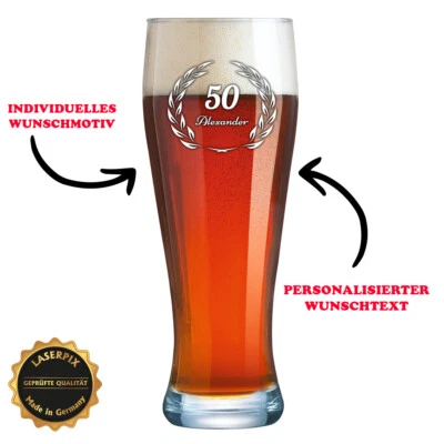 Weizenbierglas mit Gravur Personalisierbar Geburtstag Kranz 50 Jahre Name 0,5 l - Bild 1 von 2