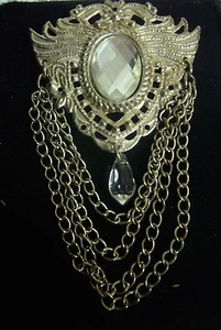 VINTAGE  ART NOUVEAU SILVER BROOCH CHAIN Crystal Dangle  - Picture 1 of 3