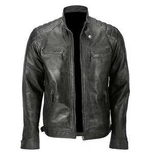 Mens Cafe Racer Bomber Vintage Retro Motorcycle Black Biker Real Leather Jacket - Picture 1 of 4