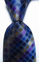 New Classic Plaids Blue Gold Purple  JACQUARD WOVEN 100% Silk Men's Tie Necktie