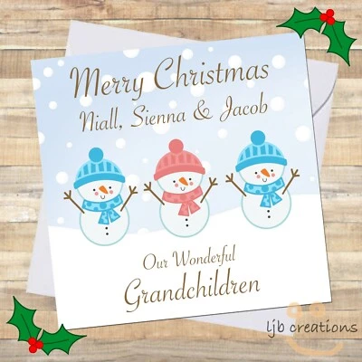 LJB CREATIONS Personalised SNOWMEN Christmas Card Children Grandchildren Grandson Son Daughter