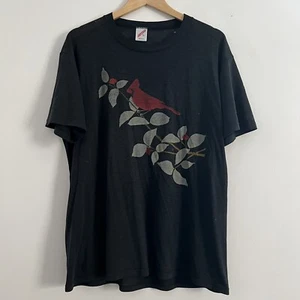 Vintage 80s 90s Paper Thin Black Bird T Shirt XL Cardinal on Winterberry Branch - Picture 1 of 12