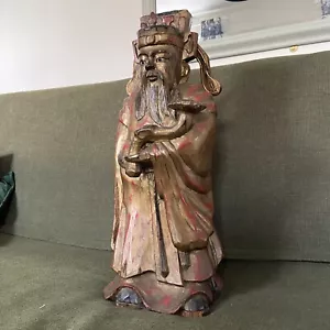 More details for huge antique early 1900s chinese wooden carving 22” painted gilt immortal god