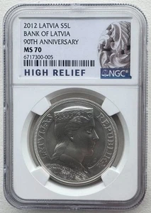 NGC MS70 Latvia 2012 Bank of Latvia 90th Anniversary Silver Coin 5 Lati - Picture 1 of 5