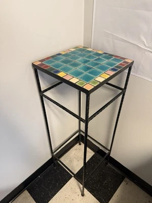Unique Mid 20th Century Wrought Iron Mosaic Tile Pedestal Stand - Image 1 of 2
