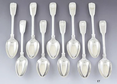 10 English Georgian Sterling Silver Fiddle Thread Shell 7 1/4" Spoons - Image 1 of 4
