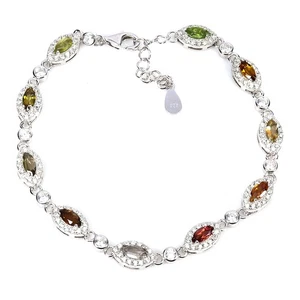 925 Sterling Silver Bracelet Marquise Tourmaline Natural Gemstone Jewelry 7in - Picture 1 of 14