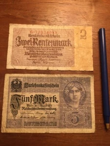 Germany , Empire, 5 Mark bill from 1917 - BONUS 1923 RENTENMARK NOTE - Picture 1 of 2