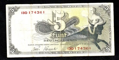 🇩🇪 GERMANY 1948 5 Mark "Topless Europa Riding Bull" P-13e Very Fine Banknote - Image 1 of 2
