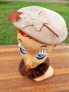 Vintage 1950s Tan Winter Feather Felt Hat Beret Cap Fur Collar Wrap Rockabilly - Picture 1 of 12
