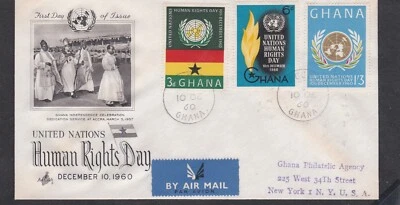 GHANA 1960 FIRST DAY COVER HUMAN RIGHTS DAY FLAME & UN EMBLEM - Image 1 of 2